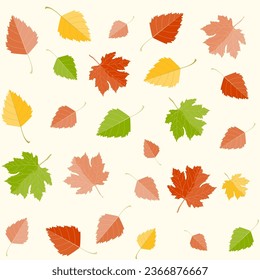 Multicolored autumn seamless pattern of autumn maple and birch leaves on a yellow or transparent background