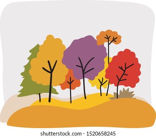 Multicolored autumn stylized trees on a hill