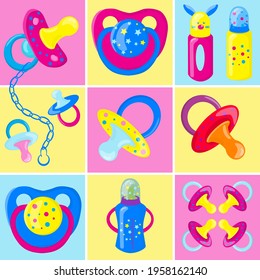 Multi-colored baby pacifiers in different angles. Vector illustration