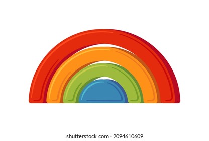 Multicolored baby rainbow toy with wooden blocks. Montessori education logic toy for early childhood development. . Children wooden toy for toddlers. Vector illustration isolated on white background.