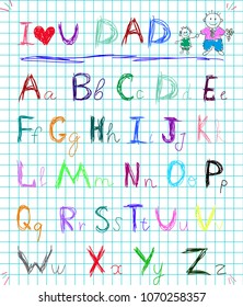 Multicolored baby sketch hand drawn doodle alphabet letters on squared notebook page isolated vector illustration with I love you dad headline and child's picture of daddy and boy.