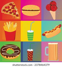 Multicolored background with food icons inspired bu Andy Warhol