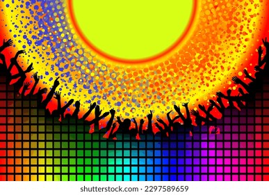 multicolored background with fun crowd and banner 