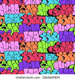 mehrfarbiger Hintergrund, Graffiti-Buchstaben, hellfarbige Inschriften im Stil der Graffiti Street Art. jpg-Illustration nahtloses Muster