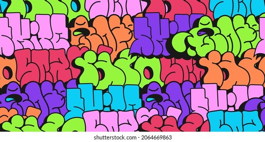 mehrfarbiger Hintergrund, Graffiti-Buchstaben, hellfarbige Inschriften im Stil der Graffiti Street Art. jpg-Illustration nahtloses Muster
