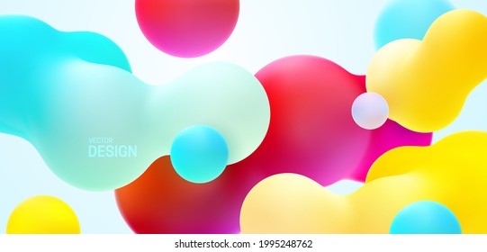 Multicolored background with liquid bubble shapes. Vector 3d illustration. Morphing gradient blobs. Flowing colorful bubbles. Fluid particles backdrop. Decoration for banner or sign design