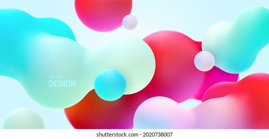 Multicolored background with liquid bubble shapes. Vector 3d illustration. Morphing gradient blobs. Flowing colorful bubbles. Fluid particles backdrop. Decoration for banner or sign design