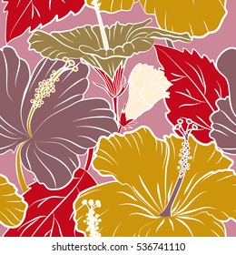 Multicolored background. Multicolor ornament of various simple flowers, leaves and buds on a pink background. Vector abstract seamless pattern for design and textile.
