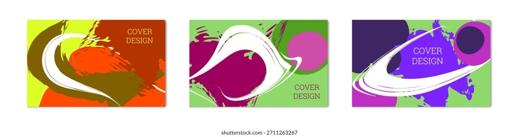 Multicolored background. Paint strokes and geometric elements. Notebook or notebook cover design. Set of 3 backgrounds. Unusual creative vector background.