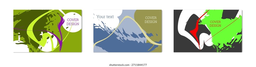 Multicolored background. Paint strokes and geometric elements. Notebook or notebook cover design. Set of 3 backgrounds. Unusual creative vector background.