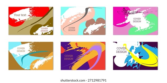 Fondo multicolor. Pintura de trazos y Elementos geométricos. Cuaderno o diseño de la cubierta del cuaderno. Conjunto de 3 fondos. Fondo de Vector creativo inusual.