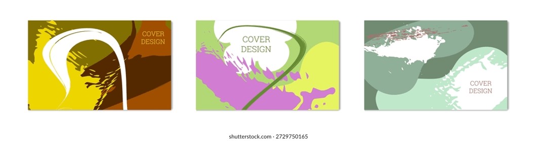 Multicolored background. Paint strokes and geometric elements. Notebook or notebook cover design. Set of 3 backgrounds. Unusual creative vector background.