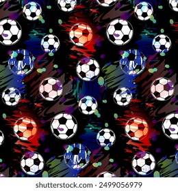 Multicolored background with soccer balls.Vector seamless pattern with soccer balls and colorful splashes on a black background.