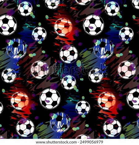 Multicolored background with soccer balls.Vector seamless pattern with soccer balls and colorful splashes on a black background.