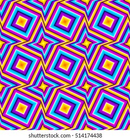 Multicolored background with stars and squares (motion illusion). Seamless pattern.