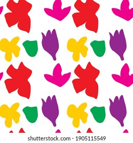 Multicolored background with vector drawings on the spring and summer theme, leaves, petals, flowers. Suitable for baby cards, fabrics, and website designs