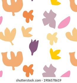 Multicolored background with vector drawings on the spring and summer theme, leaves, petals, flowers. Suitable for baby cards, fabrics, and website designs
