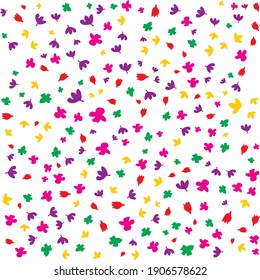 Multicolored background with vector drawings on the spring and summer theme, leaves, petals, flowers. Suitable for baby cards, fabrics, and website designs