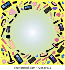 Multicolored background with yellow and white gradient - decorative cosmetics. Mascara, lipstick, lip gloss, eye shadow, eyebrow shadow, foundation, brush, powder, blush, nail polish. Vector eps10.