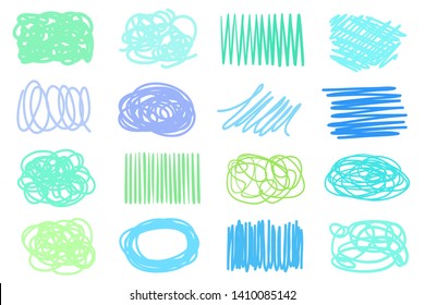 Multicolored backgrounds with array of lines. Intricate chaotic textures on white. Wavy samples. Hand drawn tangled patterns. Colorful illustration. Sketchy hatching elements for design