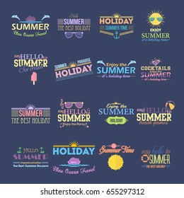Multicolored Badge and Text. Summer Party, Travel, Sale Concept Website Banner Set. Web Ad Design, Vector Shapes, Flyer, Tag Collection