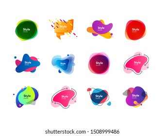 Multicolored badges set. Dynamical abstract figures. Trendy minimal templates for presentations, banners, flyers and logos. Vector illustration