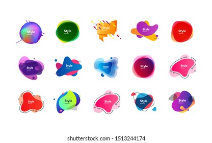 Multicolored badges set. Dynamical abstract figures. Trendy minimal templates for presentations, banners, flyers and logos. Vector illustration