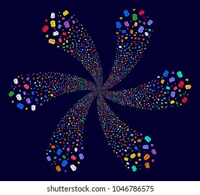 Multicolored Baht cyclonic flower shape on a dark background. Psychedelic flower with six petals created from scattered baht symbols.