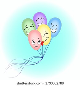 Multi-colored balloons in the blue sky.  A fun company of friends.  Blue background.