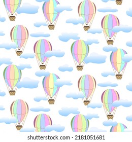 Multicolored balloons in the clouds.Vector pattern with colorful balloons among the clouds on a transparent background.