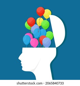 Multicolored balloons float up and human heads. independent concept
