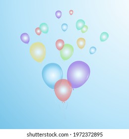 Multicolored balloons flying into the sky. Vector illustration. Design element for holidays, parties, anniversaries.
