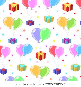 Multicolored balloons with gifts.Vector seamless pattern with colorful balloons with gift boxes on a transparent background.