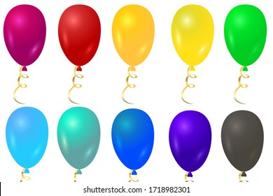 Globos multicolores con cintas giratorias doradas sobre un fondo blanco. Diez globos. Ilustración vectorial. Foto de stock.