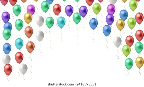 Multi-colored balloons horizontal background. An arch of glossy helium balls with space for text on a white background. Rasterized version.