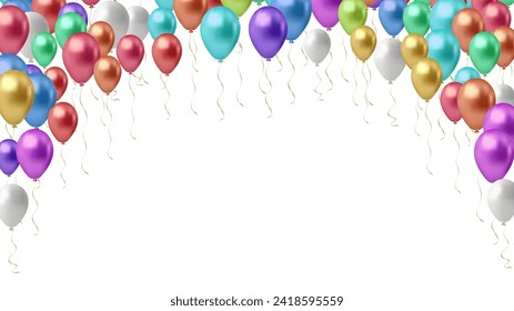 Multi-colored balloons horizontal background. An arch of glossy helium balls with space for text on a white background. Rasterized version.