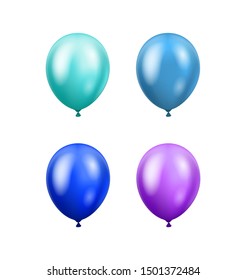 Multi-colored balloons isolated on white background. Glossy blue, azure, ultramarine and violet 3D realistic helium balloons. Vector concept for banner, cards and other designs.