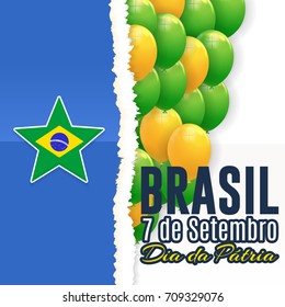 Multicolored Balloons National Greeting Card Design, Retro Background - Portuguese Text "Brazil, September 7, Independence Day" at English
