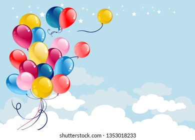 mehrfarbige Ballons auf blauem Himmel. Fröhliche Cartoon-Illustration im Sommer.