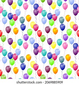 Globos multicolores sobre fondo blanco, patrón sin fisuras.