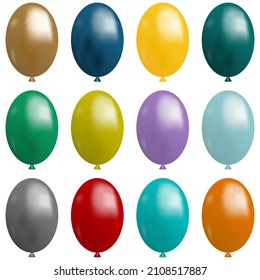Multi-colored balloons  on a white background. Twelve balloons.Set of realistic transparent balloons isolated on backgroundVector illustration. Stock Photo.