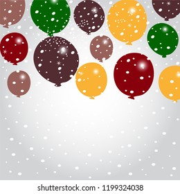 Multicolored balloons and snowfall on a gray background for a Christmas greeting card