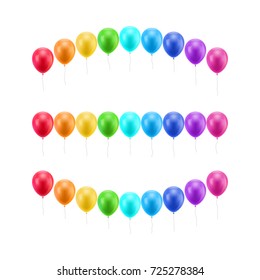 Multicolored balloons three rows set. Multicolored balls in three rows for designers and illustrators. Rubber rainbow as a vector illustration