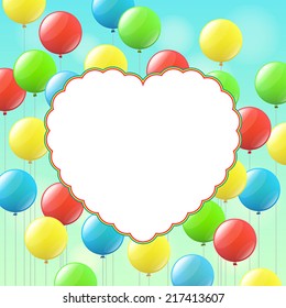 Multicolored balloons and white heart-shaped cloud for congratulations