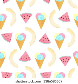Multi-colored balls of ice cream in a waffle cone. Slices of watermelon and melon. Summer seamless pattern.