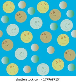 Bolas multicolores sobre fondo azul para textiles. Patrón sin foco. Composición dinámica de emoticonos amarillos, anaranjados y azules.
