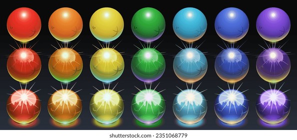 Multicolored balls of primary colors arranged in 3 rows with the effect of matte, metal and glass. A set of multicolored spheres on a dark background with a shadow. Vector illustration.