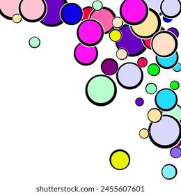 Multi-colored balls scattered randomly. background design, cover.  3d render of particles, droplets of paint. Round structure with copy space. 