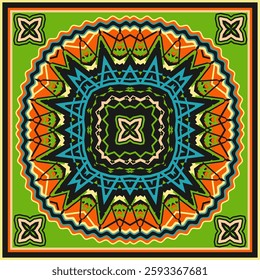 Multicolored bandana with stylized African ornament. Contrasting color palette. Version 2. Vector illustration