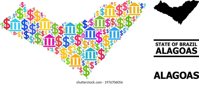 Multicolored bank and business mosaic and solid map of Alagoas State. Map of Alagoas State vector mosaic for promotion campaigns and proclamations.